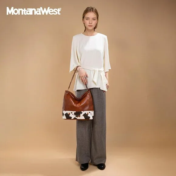 Women's Cow Brown Hobo Bag For Ladies Shoulder With Zipper With Back Pocket - Picture 3 of 7